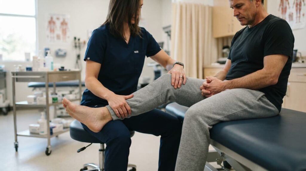 Clinician assessing knee range of motion during examination