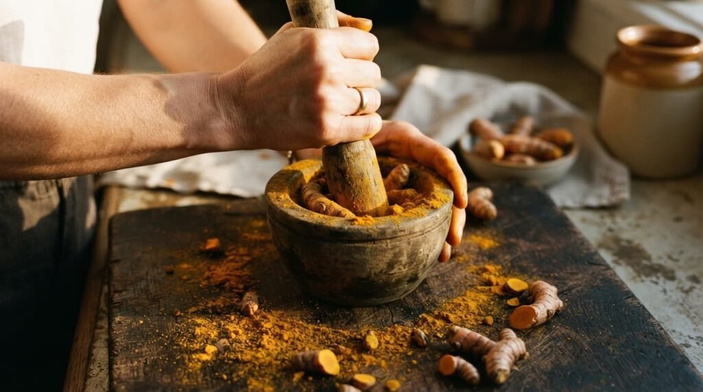 Hands preparing fresh turmeric and warming spices, an anti-inflammatory ingredient known to support knee joint comfort