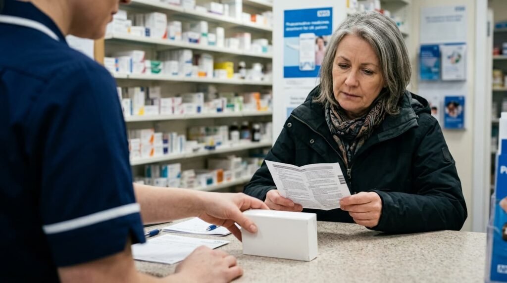 Woman reading a leaflet at a UK pharmacy counter while a pharmacist’s hands pass her a medicine box