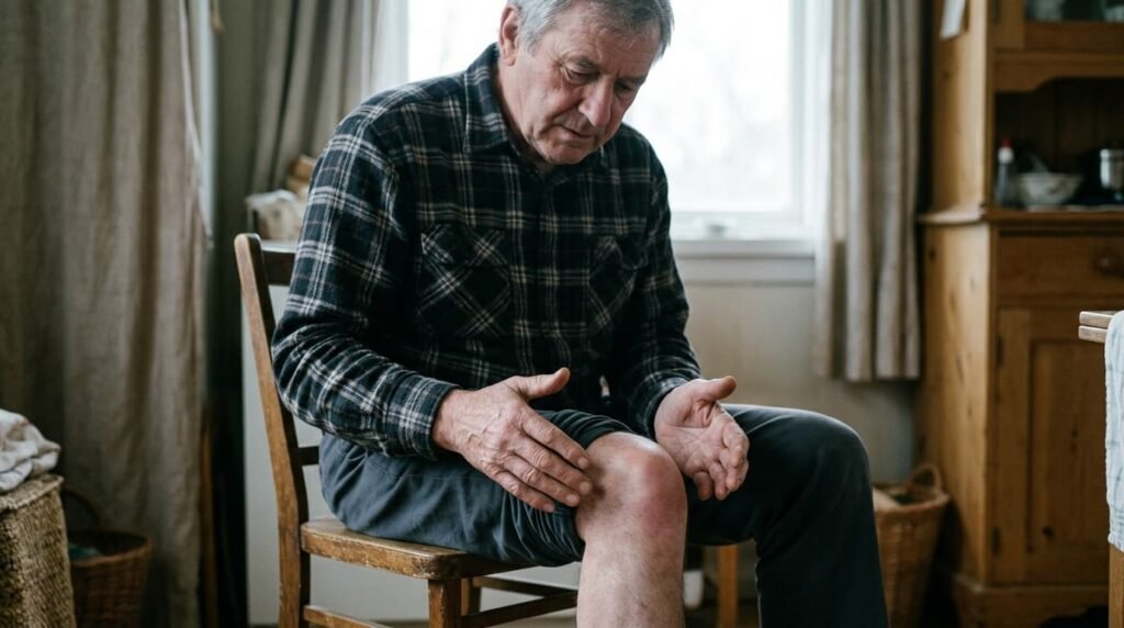 Older man seated on a chair examining his bare knee, illustrating gout and knee inflammation