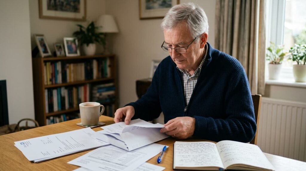 Older man reviewing medical reports before a knee osteoarthritis assessment