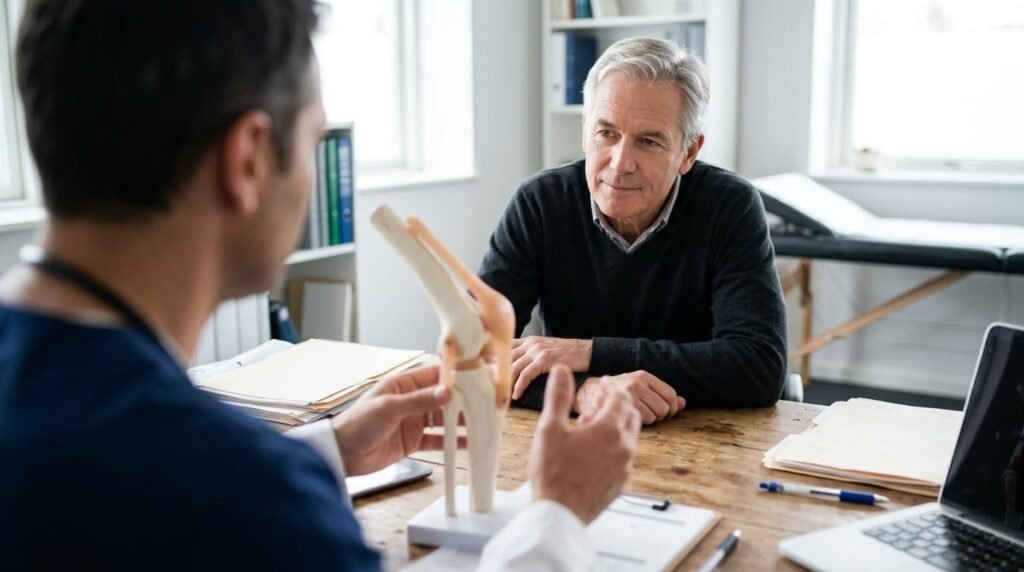A man sitting at a table and talking with a doctor during a consultation about his joint pain.