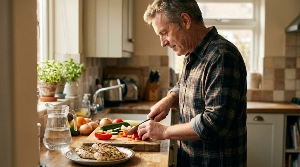 Man in his fifties preparing fresh vegetables at a kitchen worktop as part of a weight management plan for knee osteoarthritis