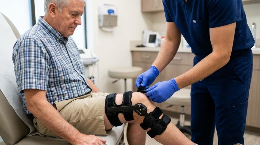Clinician fitting a supportive knee brace on a seated older man in a consultation room as part of non-surgical knee arthritis care