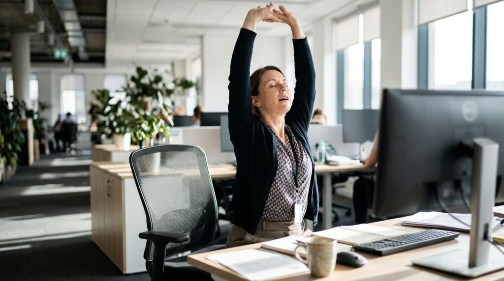A woman at her office desk stretching her arms above her head to relieve stiffness after sitting for long periods.