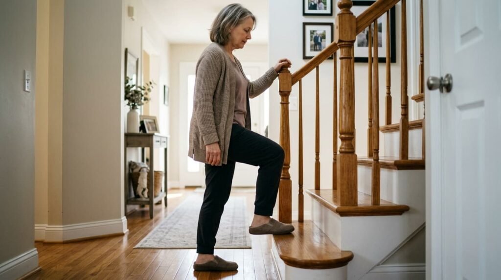 Woman in her sixties doing a step-up on a home staircase with one hand on the banister as a low-impact knee strengthening exercise