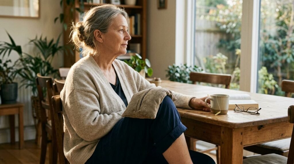 Woman in her sixties seated at a dining table with a warm wheat bag on her knee as a simple home remedy for stiff knees