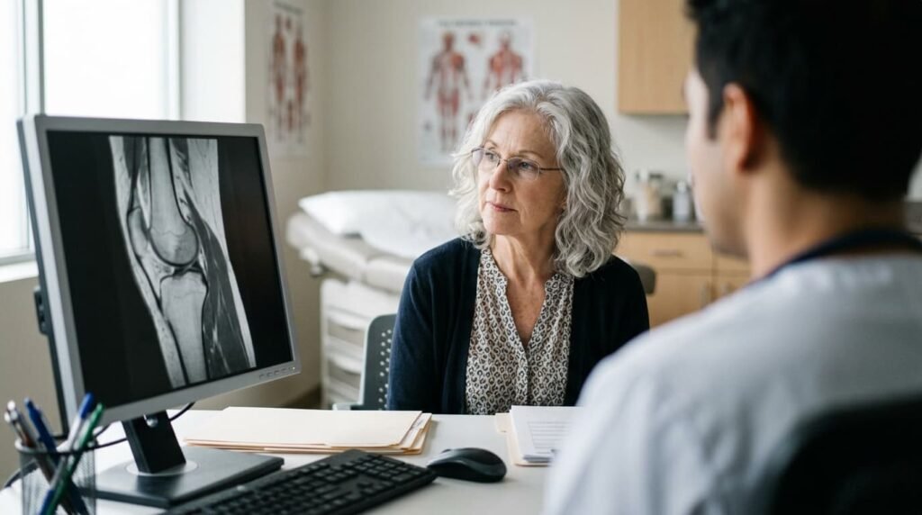 Woman in her sixties reviewing a knee scan on a monitor with a specialist during a non-surgical knee pain consultation