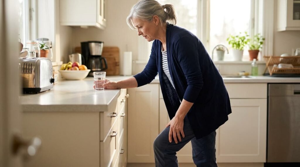 Woman in a kitchen leaning forward with one hand on her knee, illustrating dehydration and joint pain