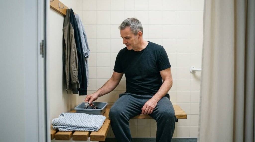A man sitting on an examination couch in a clinic room, waiting for a knee assessment.