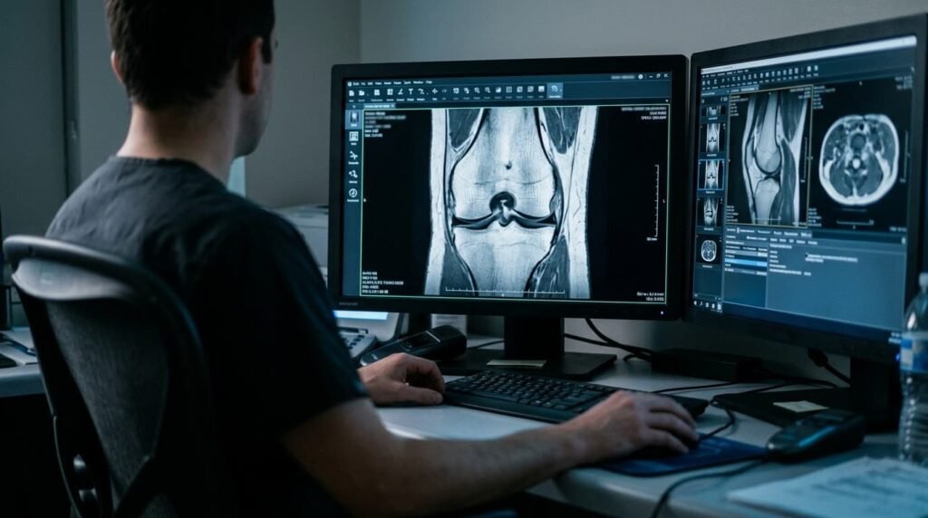 Radiologist reviewing knee MRI scans on a computer screen
