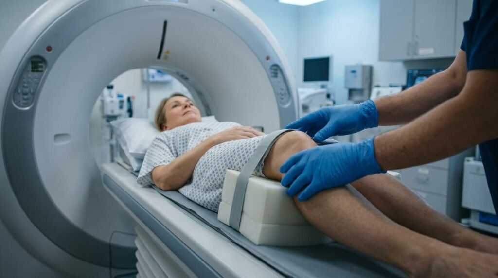 Patient having a CT planning scan before low dose radiotherapy