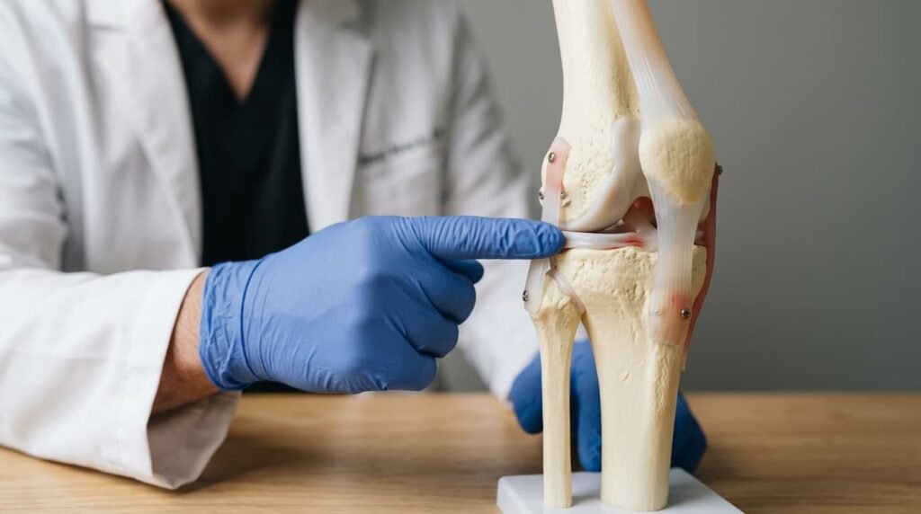 Knee joint model showing where inflammation affects the joint lining