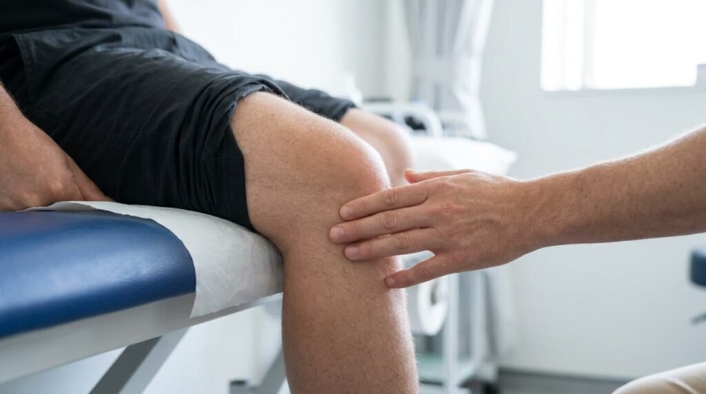 Clinician examining a patient’s knee during a knee pain consultation at a clinic