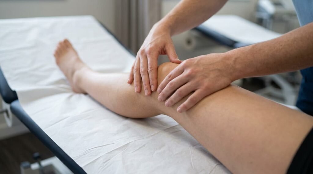 Physiotherapist Assessing Knee Osteoarthritis on a Clinical Treatment Couch