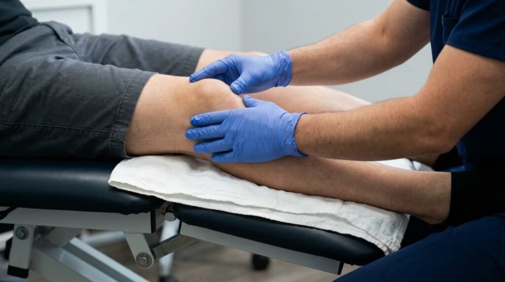 Clinician Checking Knee Swelling After Arthrosamid or Nerve Ablation