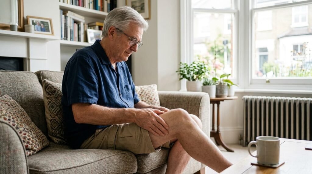 Massage for Knee Pain: Older Man Easing a Sore Knee at Home
