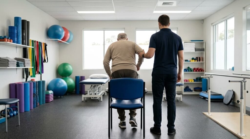 Physiotherapist Supporting a Patient During a Sit-to-Stand Knee Strengthening Exercise
