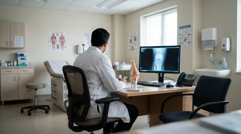 Clinician Reviewing a Knee X-ray in a Private Consultation Room