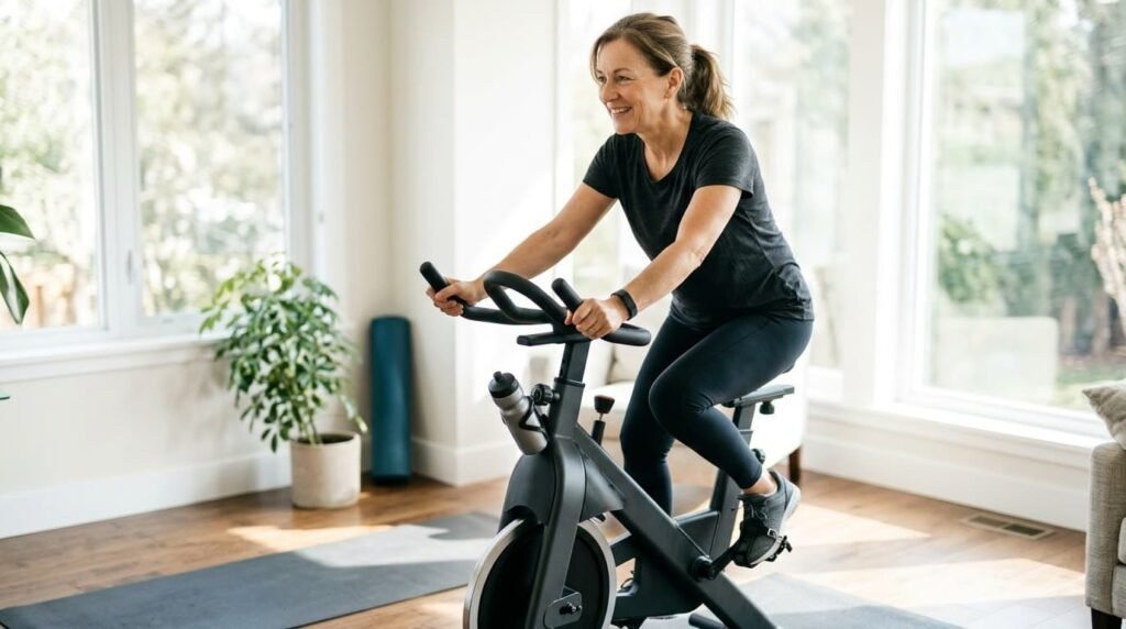 Woman cycling on a stationary bike as low-impact exercise for knee osteoarthritis