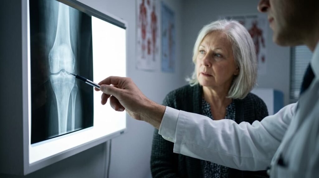 Radiologist Reviewing a Knee X-ray Scan on a Light Box in a Clinical Setting