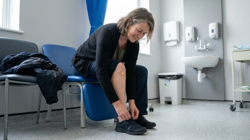 Low-angle view of a person sitting in a bright rehabilitation space, adjusting footwear before a knee strengthening session