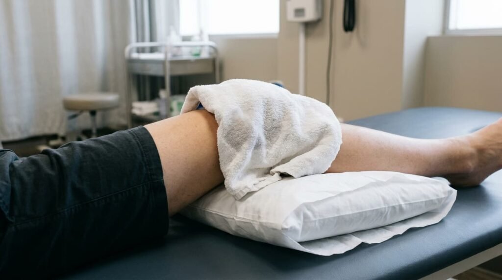 A patient’s knee positioned and ready for treatment