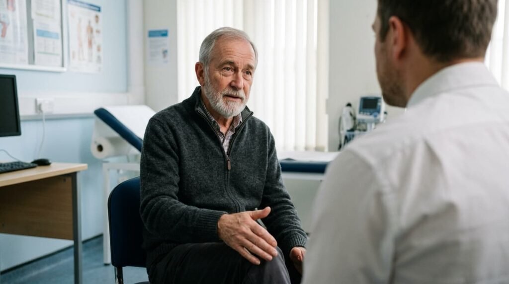 Older man with grey hair describing knee pain during a consultation while a clinician is seen from behind