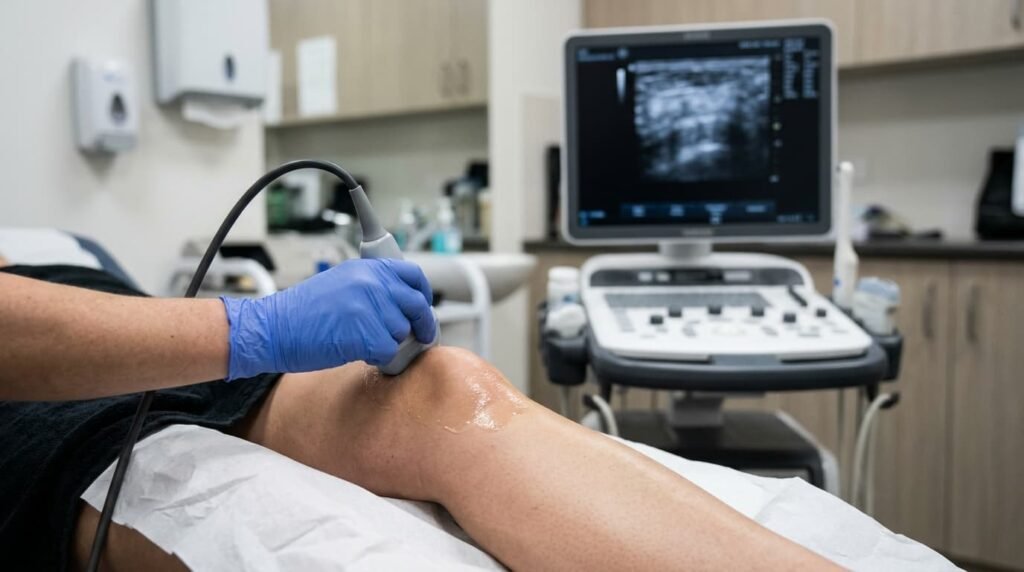 An ultrasound scan assessing the knee joint