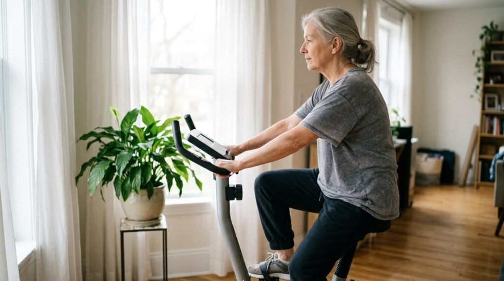 Person Using an Exercise Bike at Home as Part of a Knee Rehabilitation Routine