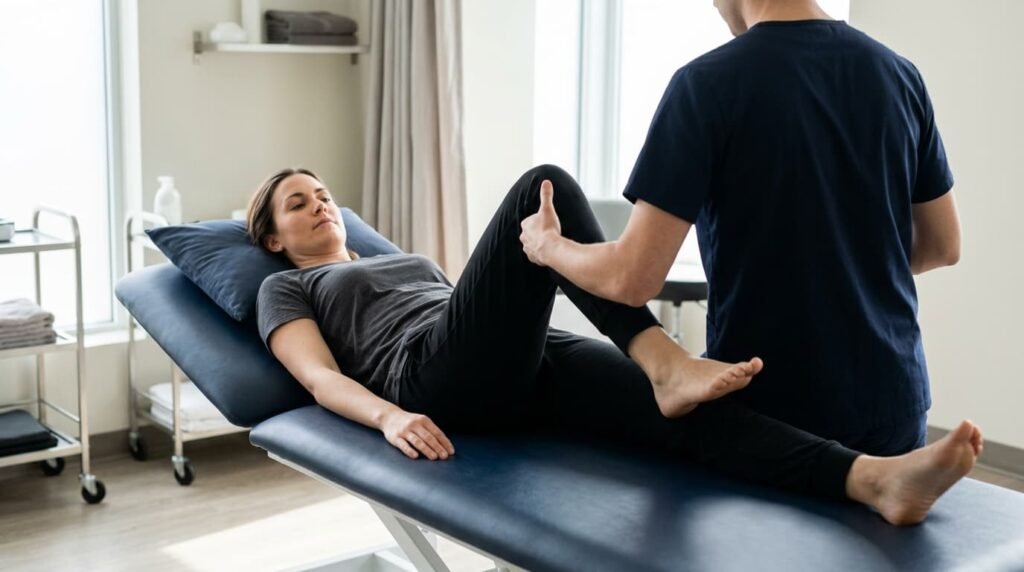 Clinician testing knee range of movement during an osteoarthritis assessment