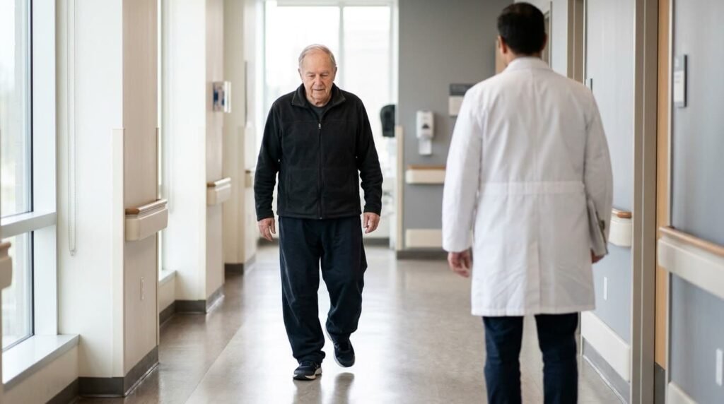 Clinician observing an older man’s gait during a knee osteoarthritis assessment