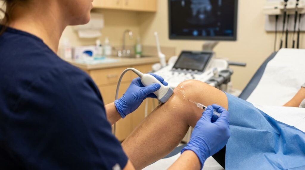 Doctor performing an ultrasound-guided knee injection on a patient