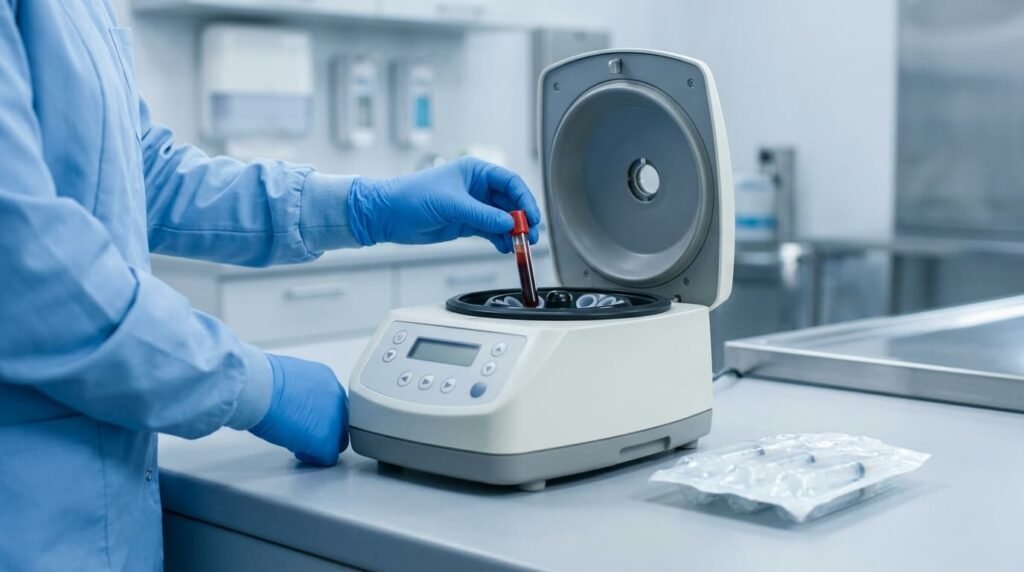 Gloved hands placing a blood sample into a laboratory centrifuge