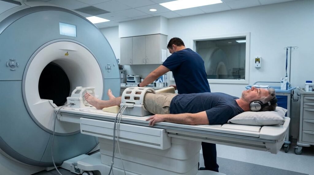 Patient Undergoing a Knee MRI Scan in a Hospital Imaging Suite
