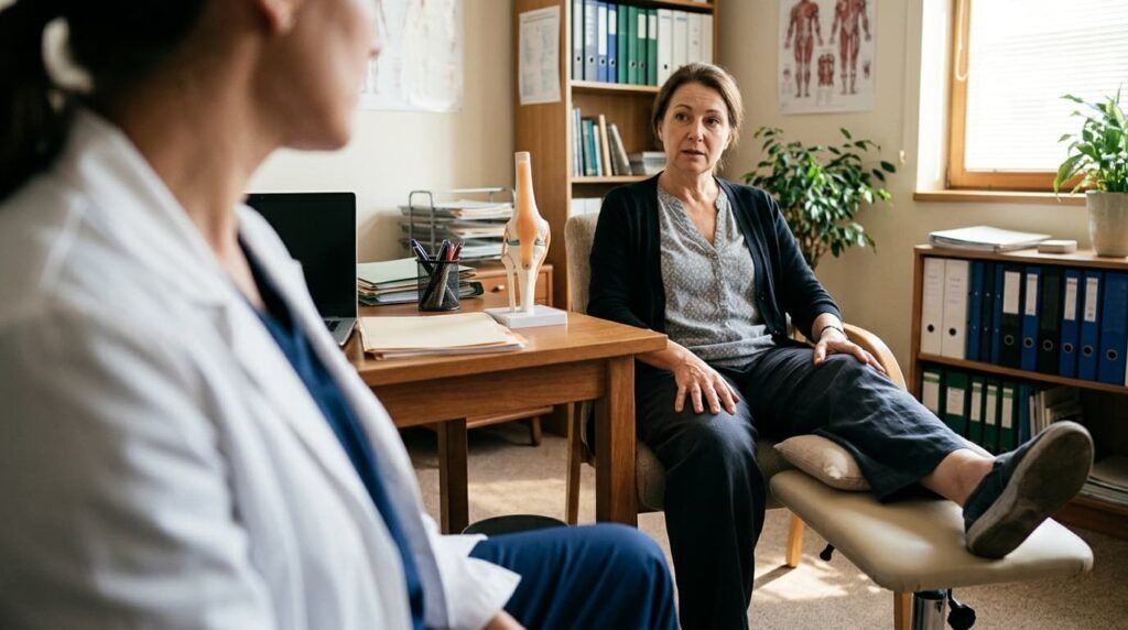 Doctor talking with a patient during a private knee pain consultation